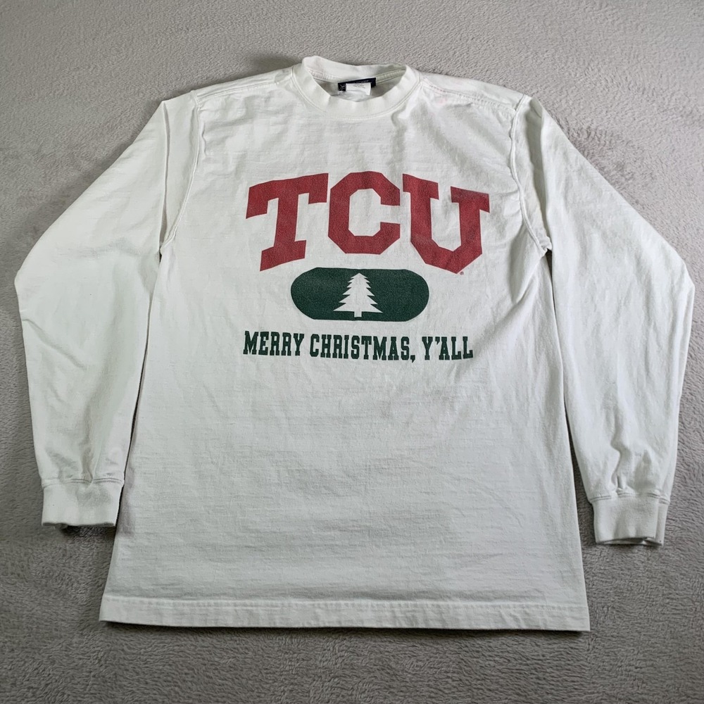 Vintage TCU Horned Frogs Shirt Mens Small White NCAA Football Christmas JanSport